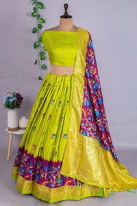 Parrot Green Color Dola Silk Designer Kalamkari Print Lehenga Choli