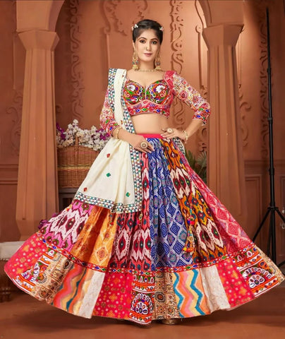 Multi color Soft Butter Silk Fancy Digital Print and Real Mirror Work Lehenga