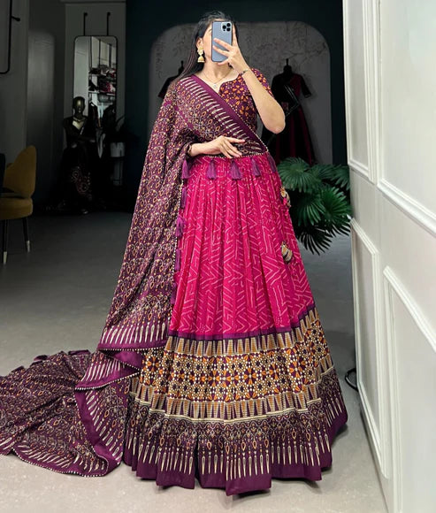 Pink color Bandhej Print Tussar Silk Traditional Wear Lehenga Choli