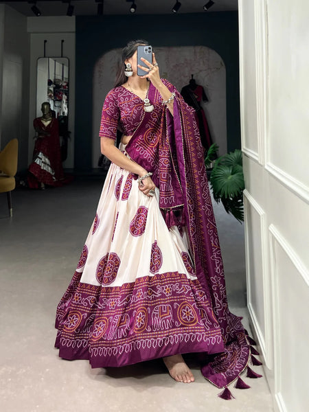 Wine color Bandhej Print Tussar Silk Traditional Wear Lehenga Choli