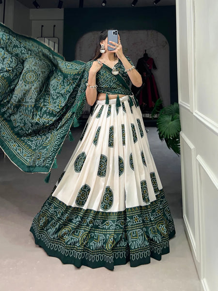 Green color Bandhej Print Tussar Silk Traditional Wear Lehenga Choli