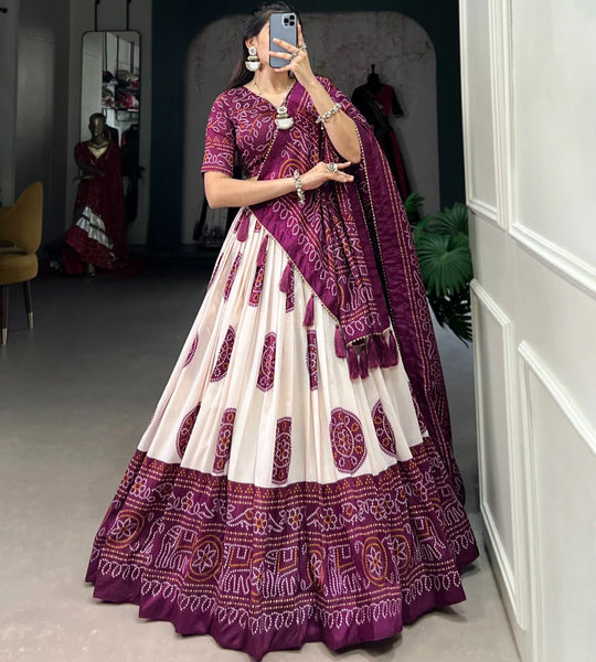 Wine color Bandhej Print Tussar Silk Traditional Wear Lehenga Choli