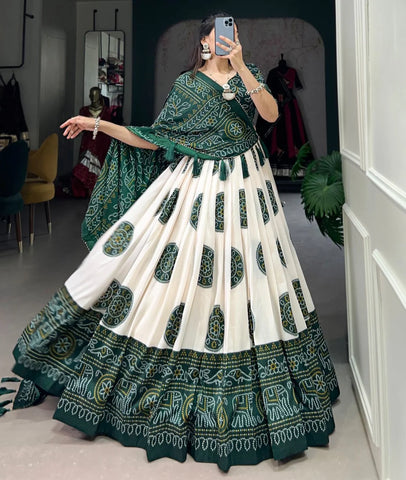 Green color Bandhej Print Tussar Silk Traditional Wear Lehenga Choli