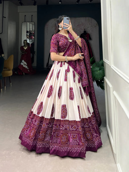 Wine color Bandhej Print Tussar Silk Traditional Wear Lehenga Choli