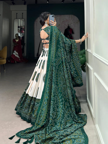 Green color Bandhej Print Tussar Silk Traditional Wear Lehenga Choli