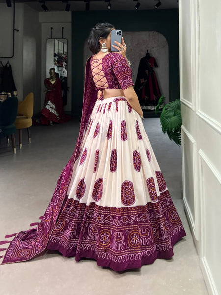 Wine color Bandhej Print Tussar Silk Traditional Wear Lehenga Choli