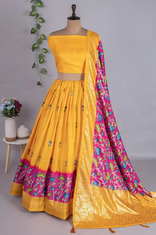 Mustard Color Dola Silk Designer Kalamkari Print Lehenga Choli