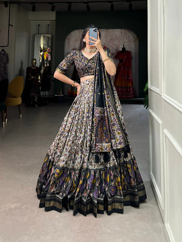 Black color Tussar Silk with Foil Print Lehenga Choli