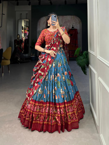 Firozi color Tussar Silk with Pichwai & Patola Prints Lehenga Choli