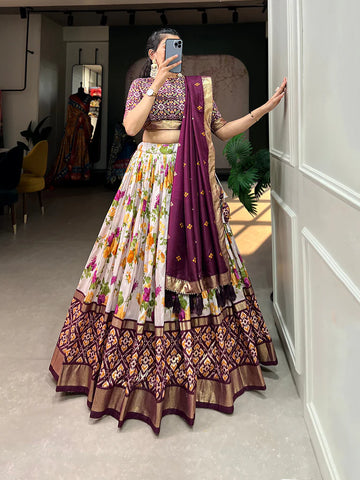 Wine Color Floral And Patola Printed With Foil Work Tussar Silk Lehenga Choli