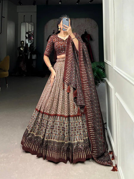 Maroon color Bandhej Print Tussar Silk Traditional Wear Lehenga Choli