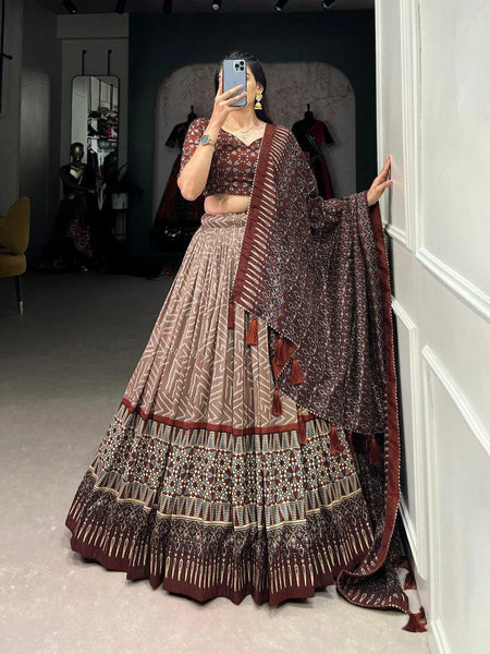 Maroon color Bandhej Print Tussar Silk Traditional Wear Lehenga Choli