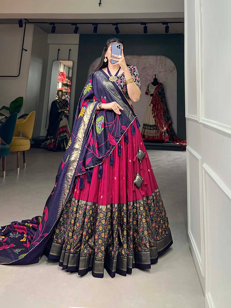 Pink color Foil Print Tussar Silk Traditional Wear Lehenga Choli