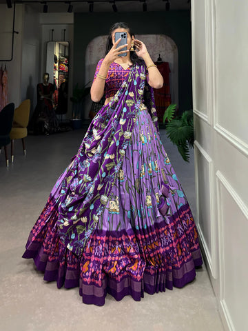 Lavender color Tussar Silk with Pichwai & Patola Prints Lehenga Choli