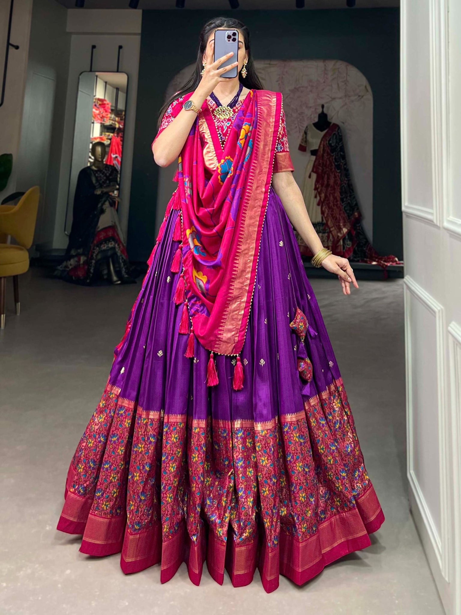 Purple color Foil Print Tussar Silk Traditional Wear Lehenga Choli