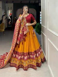 Mustard Color Ikkat Patola Print With Foil Work Tussar Silk Lehenga Choli