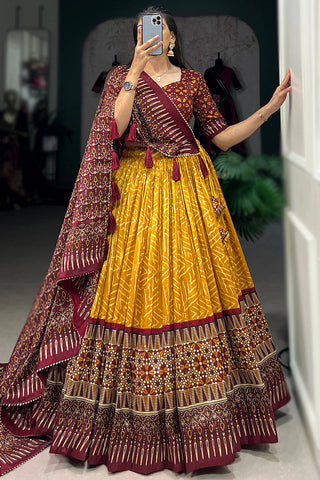 Mustard color Bandhej Print Tussar Silk Traditional Wear Lehenga Choli