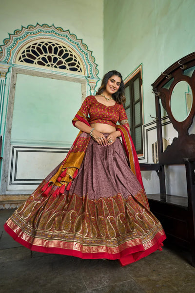 Onion Color Foil print Work Tussar Silk Lehenga Choli