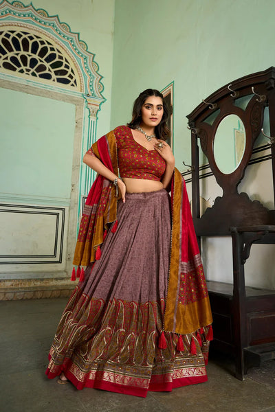 Onion Color Foil print Work Tussar Silk Lehenga Choli