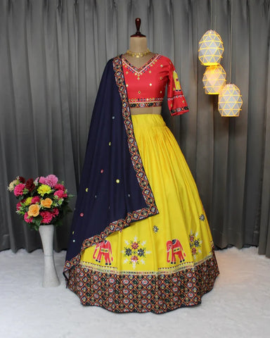 Yellow color Soft Butter Silk Fancy Digital Print and Real Mirror Work Lehenga