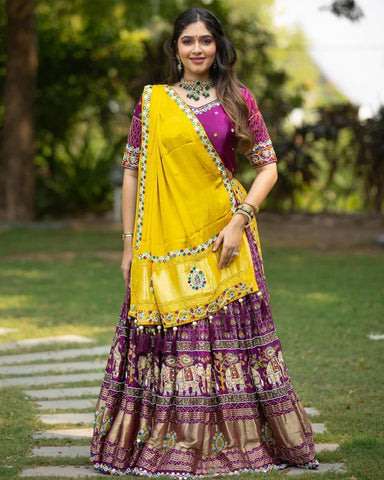 Purple color Soft Butter Silk Fancy Digital Print and Real Mirror Work Lehenga