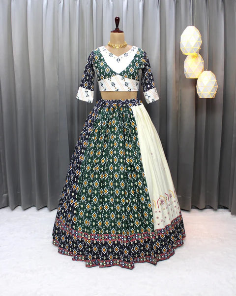 Cream Green Soft Butter Silk Fancy Digital Print and Real Mirror Work Lehenga