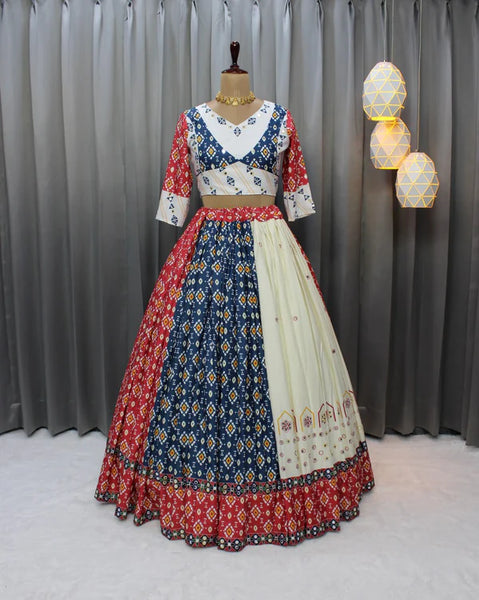 Cream Blue Soft Butter Silk Fancy Digital Print and Real Mirror Work Lehenga