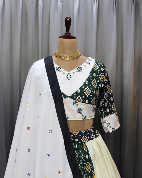 Cream Green Soft Butter Silk Fancy Digital Print and Real Mirror Work Lehenga