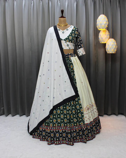 Cream Green Soft Butter Silk Fancy Digital Print and Real Mirror Work Lehenga