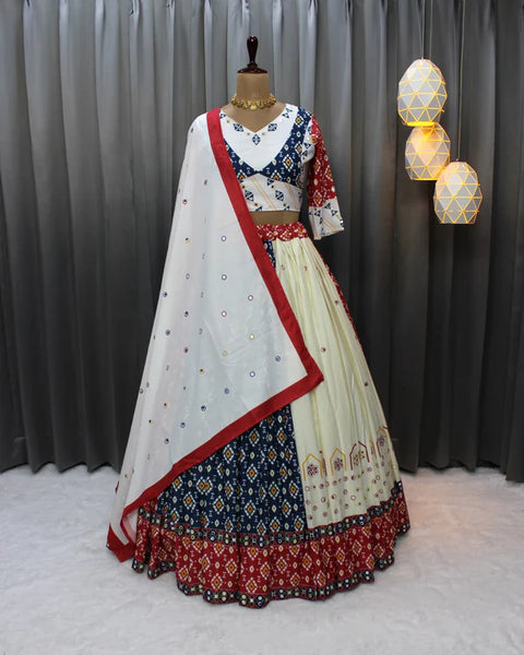 Cream Blue Soft Butter Silk Fancy Digital Print and Real Mirror Work Lehenga