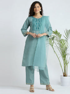 Presenting Sky Blue color Designer Partywear Kurti Pant With Dupatta