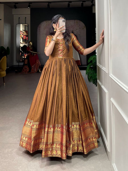 Presenting Mustard color Designer Narayanpet Long Gown