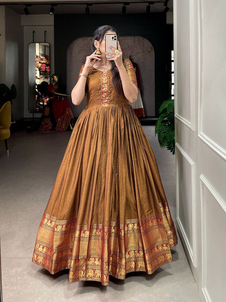 Presenting Mustard color Designer Narayanpet Long Gown