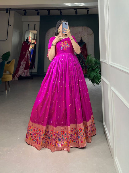 Presenting Purple color Designer Jacquard Silk Gown