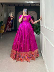 Presenting Purple color Designer Jacquard Silk Gown