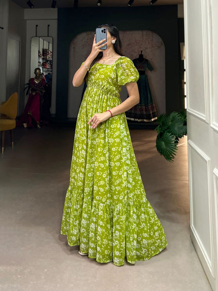 Presenting Parrot Green color Designer Georgette Printed Gown