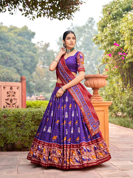 Purple Tussar Silk Lehenga Choli with Enchanting Ikat Patola Print and Foil Work