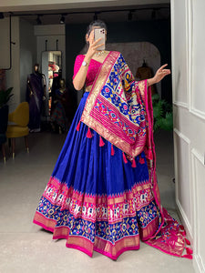 Royal Blue Color Ikkat Patola Print With Foil Work Tussar Silk Lehenga Choli