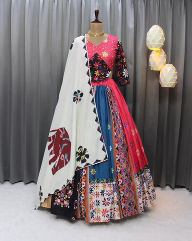 Multi color Soft Butter Silk Fancy Digital Print and Real Mirror Work Lehenga