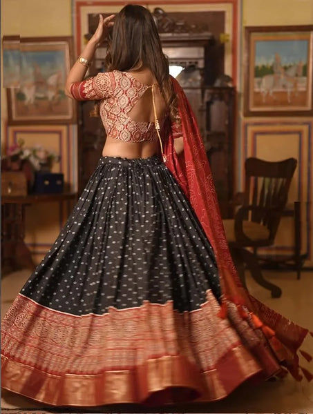 Black color Foil Print Tussar Silk Traditional Wear Lehenga Choli