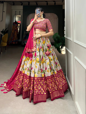 Pink Color Floral And Patola Printed With Foil Work Tussar Silk Lehenga Choli