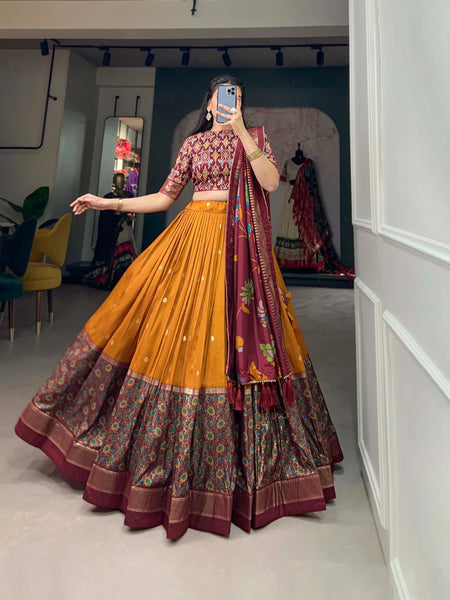 Mustard color Foil Print Tussar Silk Traditional Wear Lehenga Choli