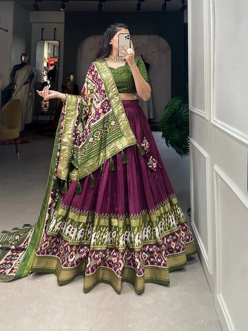 Wine Color Ikkat Patola Print With Foil Work Tussar Silk Lehenga Choli