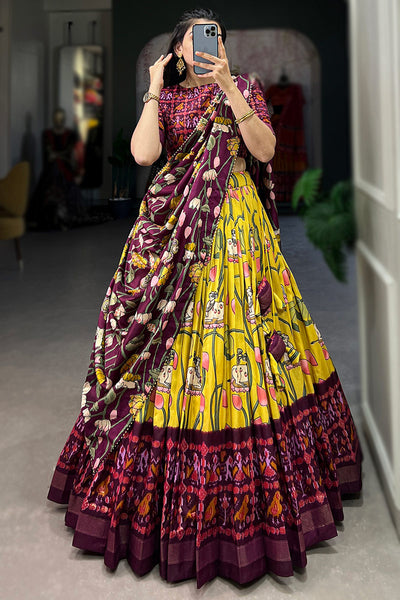 Yellow color Tussar Silk with Pichwai & Patola Prints Lehenga Choli