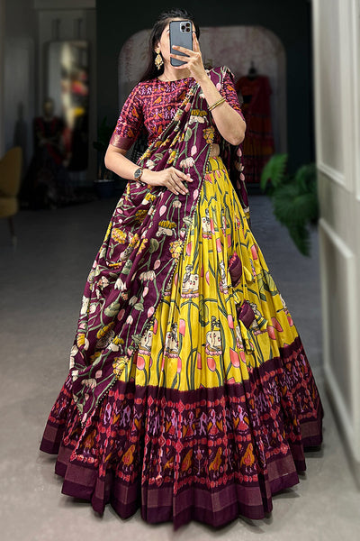 Yellow color Tussar Silk with Pichwai & Patola Prints Lehenga Choli