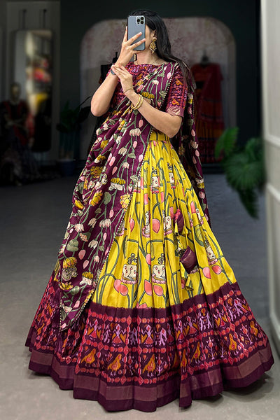 Yellow color Tussar Silk with Pichwai & Patola Prints Lehenga Choli